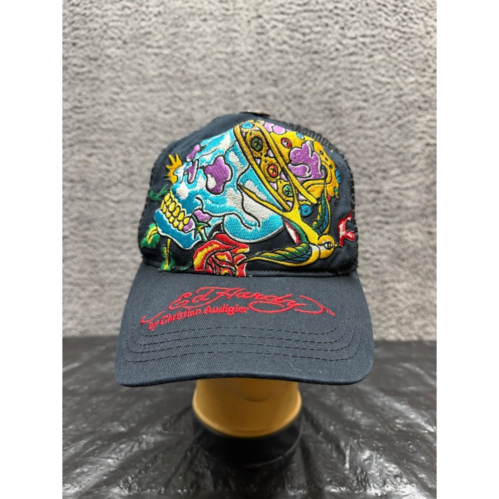 Vintage Y2k Ed Hardy Christian Audigier Skull Crown Trucker Hat Black One Size